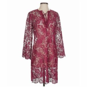 NWOT Johnny Was Sheer Lace Dress Burgundy Wine XS Boho Floral Tie Neck MSRP $388